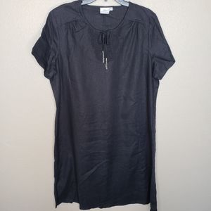 Hot Cotton Linen Dress XL Short Sleeve Black with Embroidered neckline, tassels